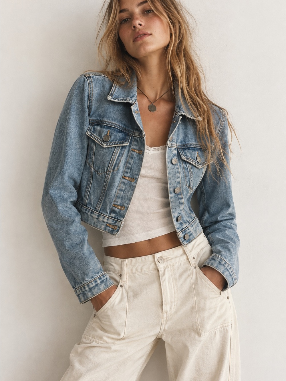 Free People Y2K Cropped Distressed Denim Jean Jacket Size 10